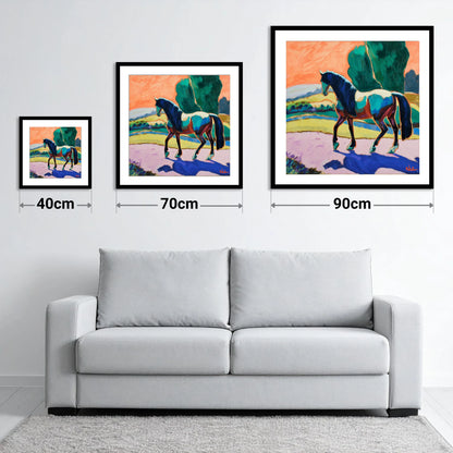 The Cobalt Stride - size guide showing 40cm, 70cm and 90cm art prints