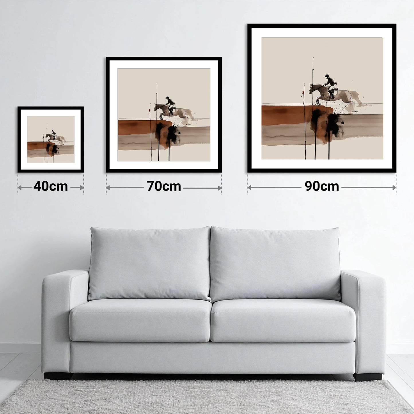 Airborne in Sepia - size guide showing 40cm, 70cm and 90cm art prints