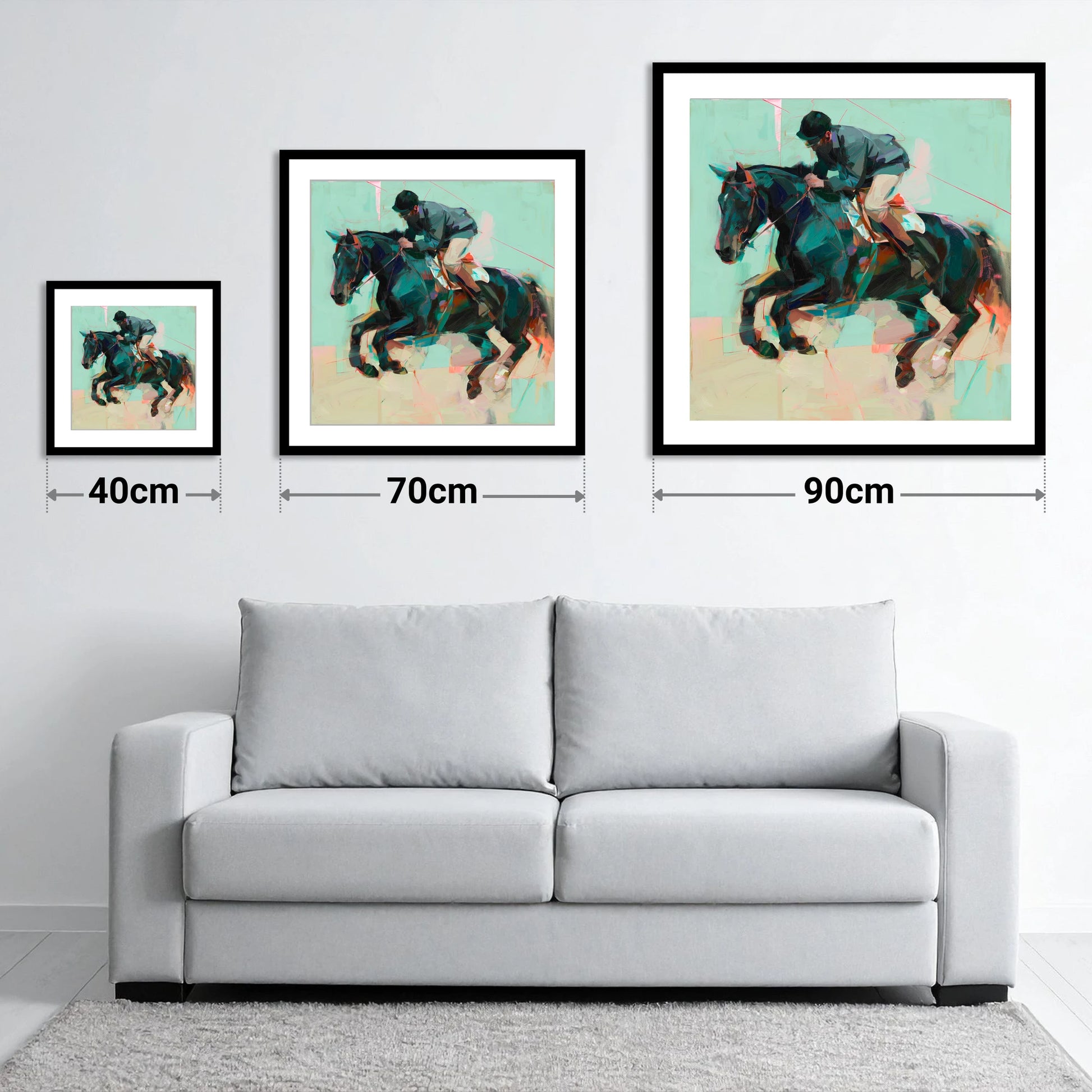 Modern Showjumper - size guide showing 40cm, 70cm and 90cm art prints