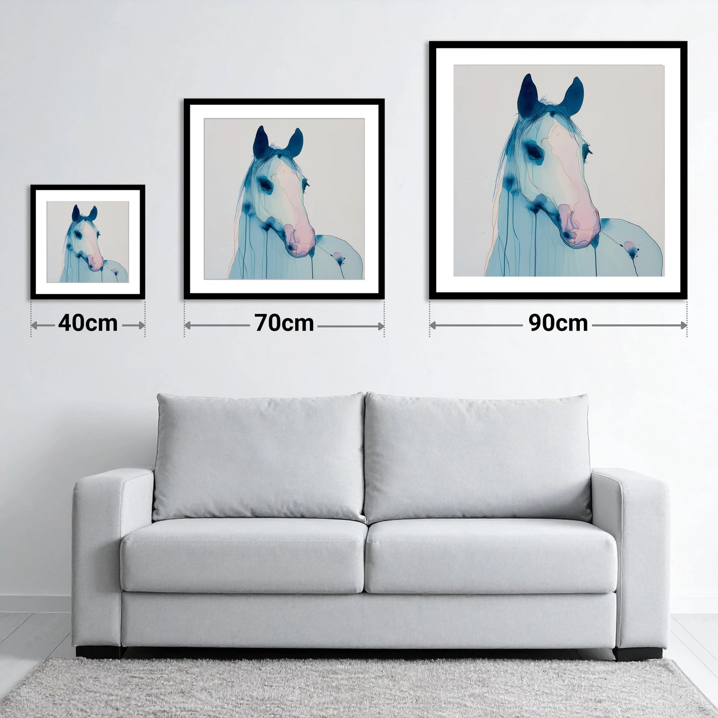 Cerulean Spirit - size guide showing 40cm, 70cm and 90cm art prints