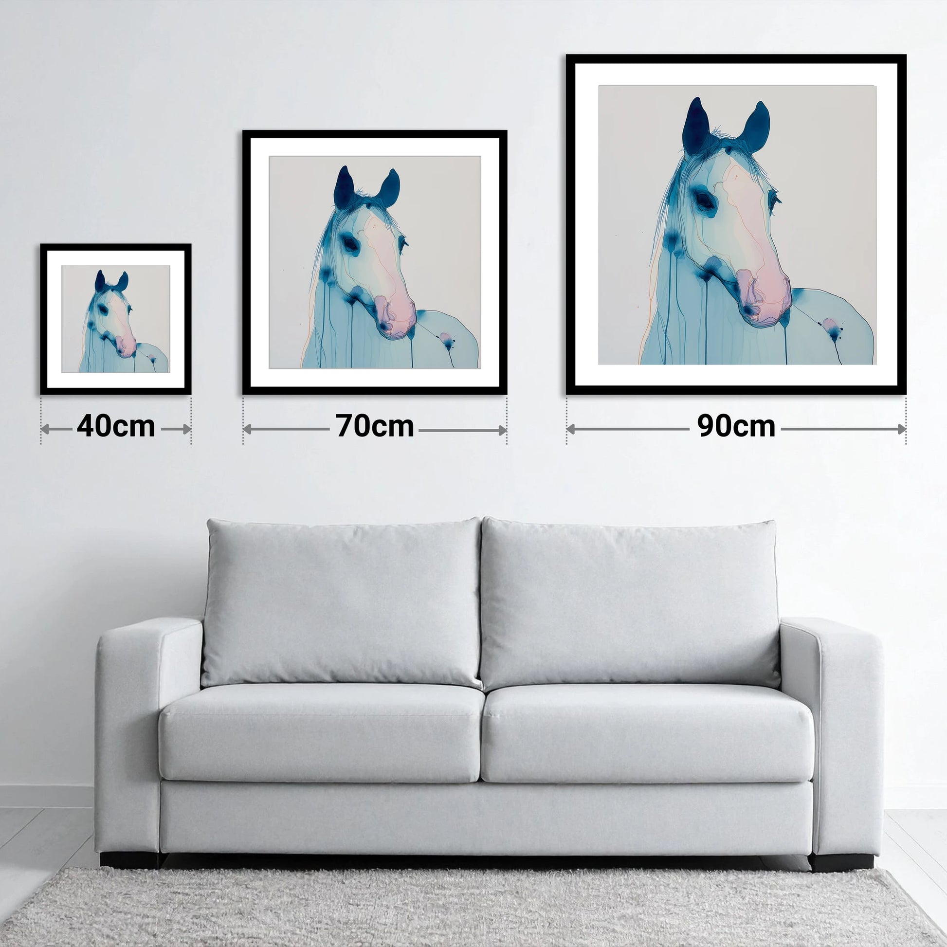Cerulean Spirit - size guide showing 40cm, 70cm and 90cm art prints