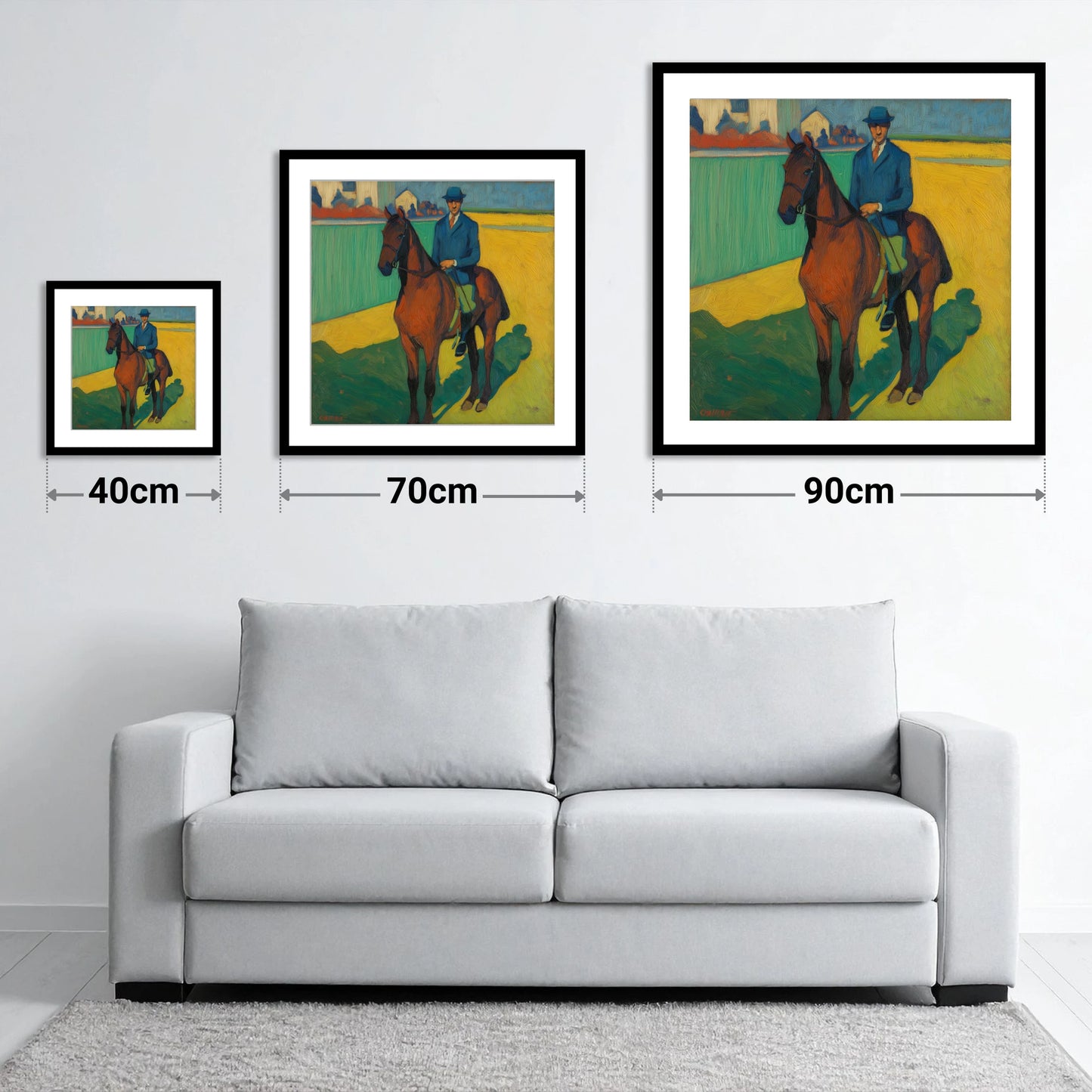 Vivid Morning Exercise - size guide showing 40cm, 70cm and 90cm art prints