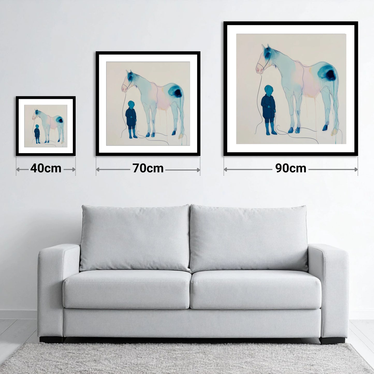The Gentle Guide - size guide showing 40cm, 70cm and 90cm art prints