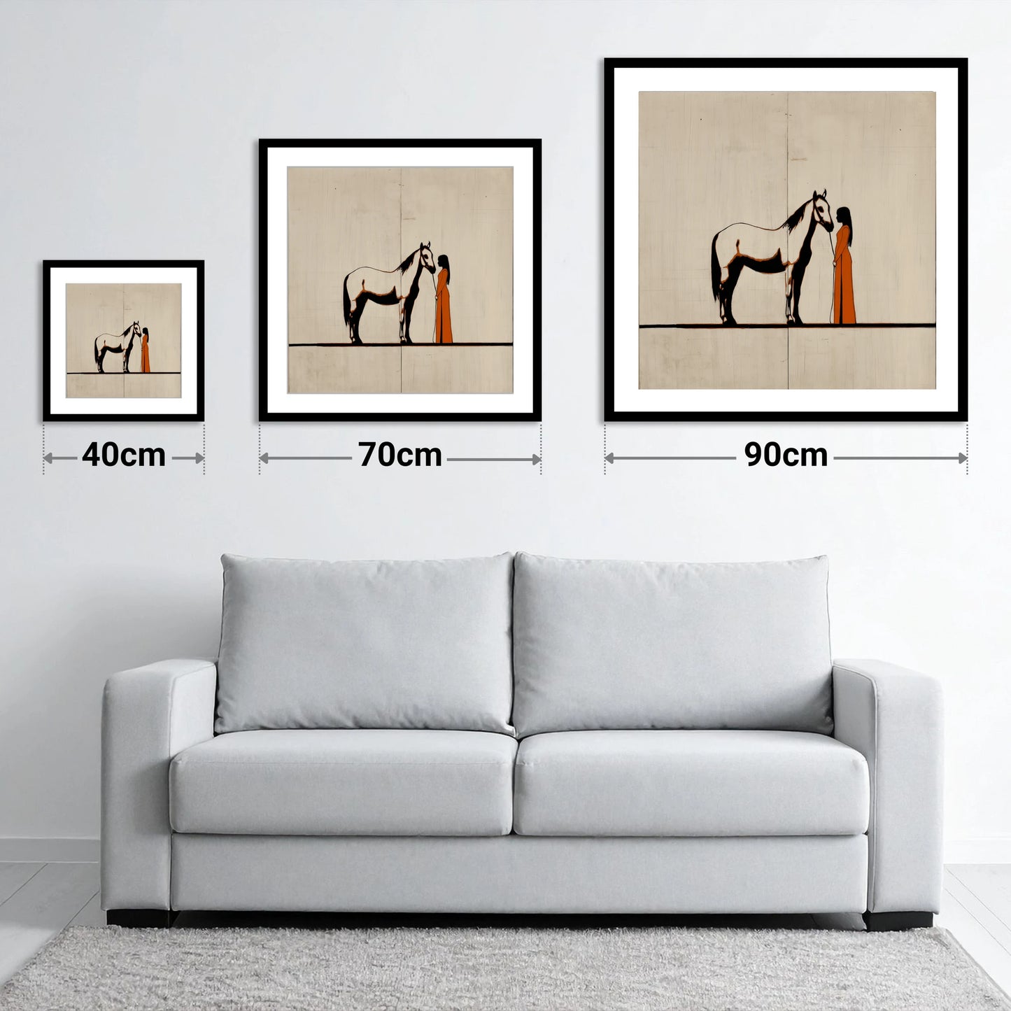 Quiet Connection - size guide showing 40cm, 70cm and 90cm art prints