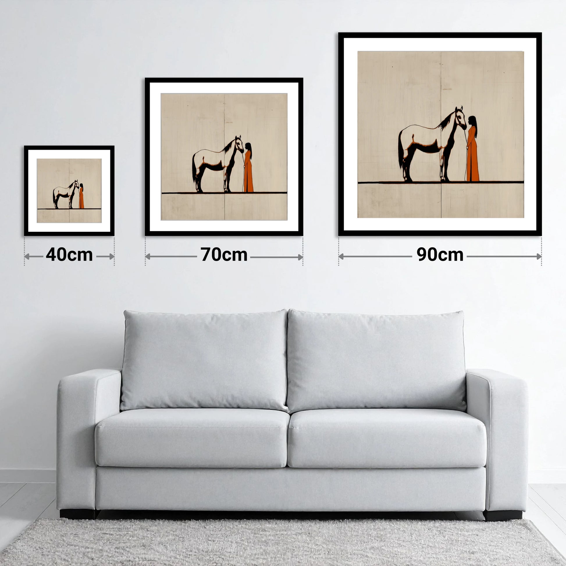 Quiet Connection - size guide showing 40cm, 70cm and 90cm art prints