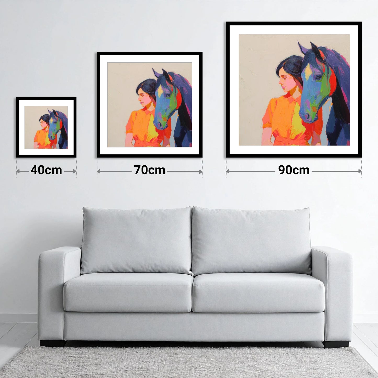Vivid Companion - size guide showing 40cm, 70cm and 90cm art prints