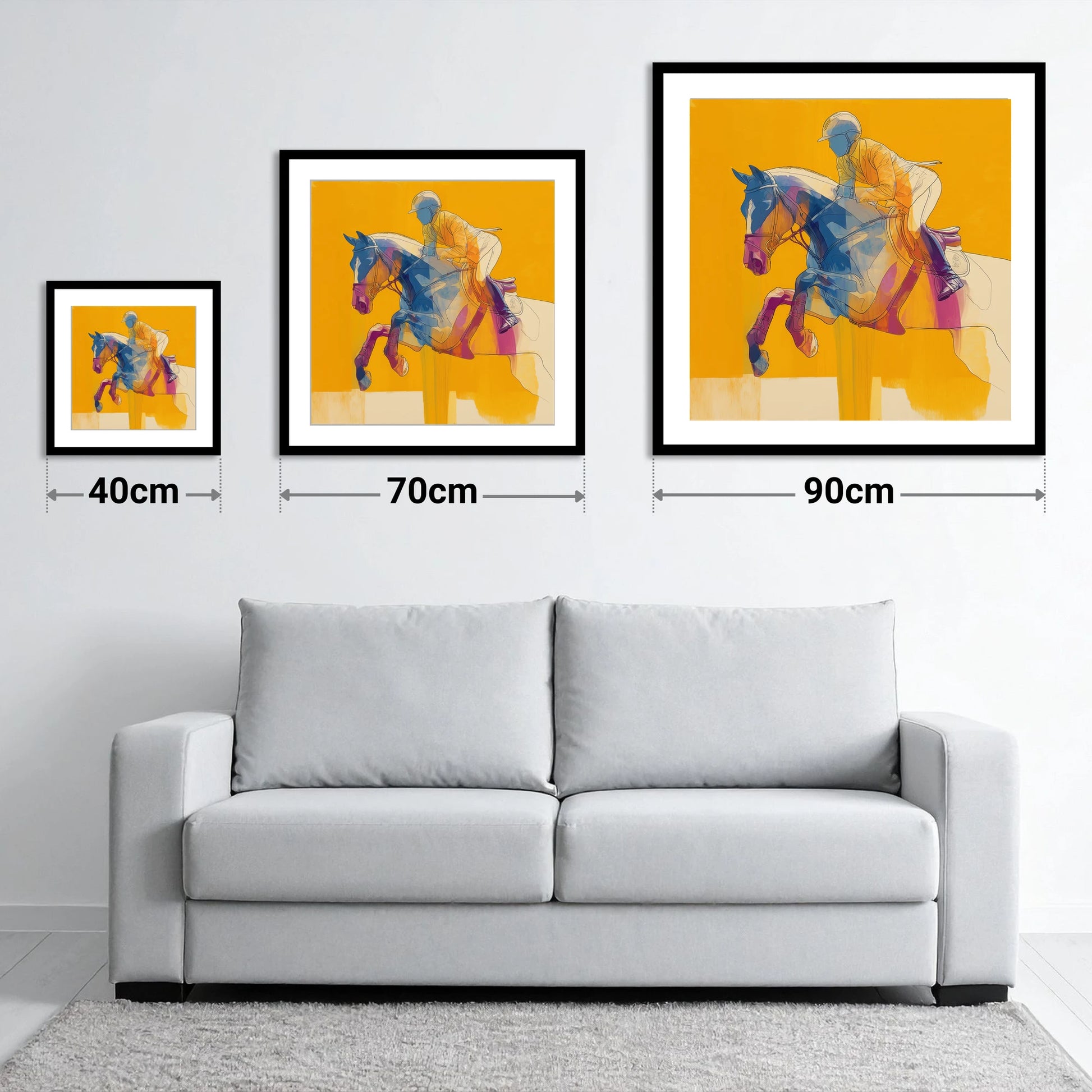 Vibrant Mid-Air Clearance - size guide showing 40cm, 70cm and 90cm art prints