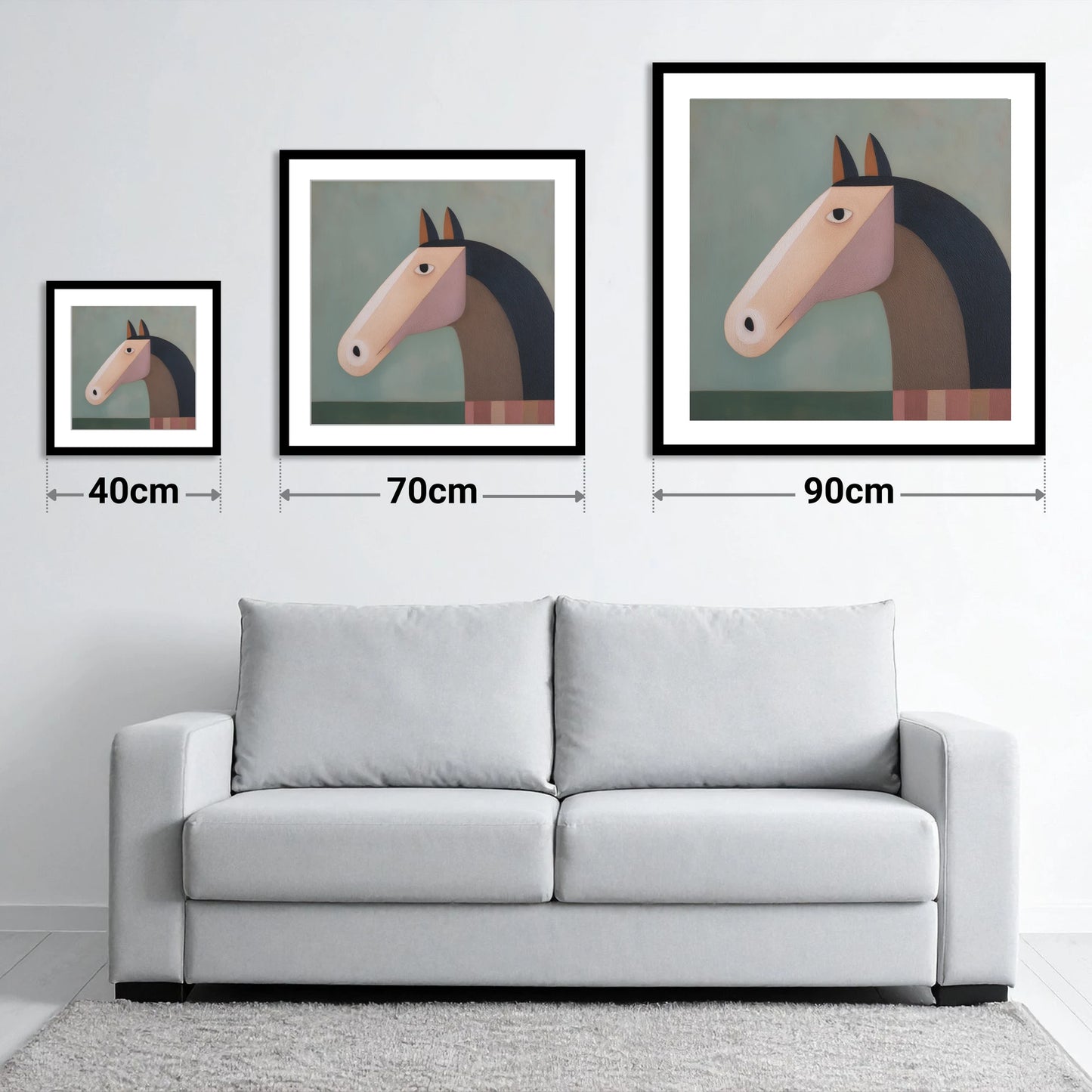 Modernist Equine Form - size guide showing 40cm, 70cm and 90cm art prints