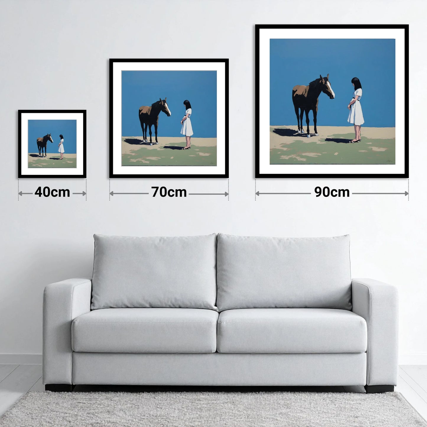 The Stillness Between Us - size guide showing 40cm, 70cm and 90cm art prints