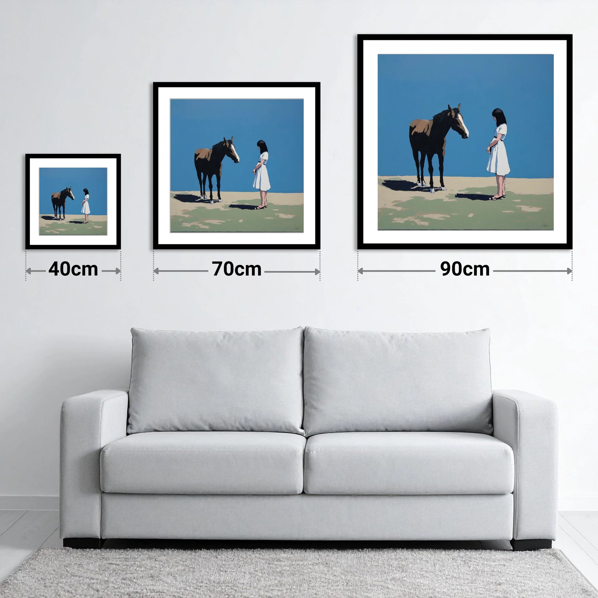 The Stillness Between Us - size guide showing 40cm, 70cm and 90cm art prints
