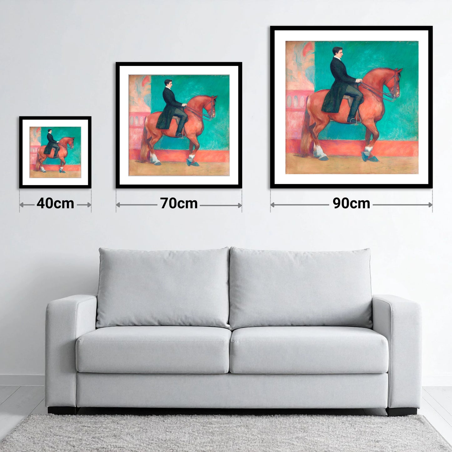 Collected Chestnut in Emerald - size guide showing 40cm, 70cm and 90cm art prints