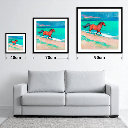 Crimson Coastal Canter - size guide showing 40cm, 70cm and 90cm art prints