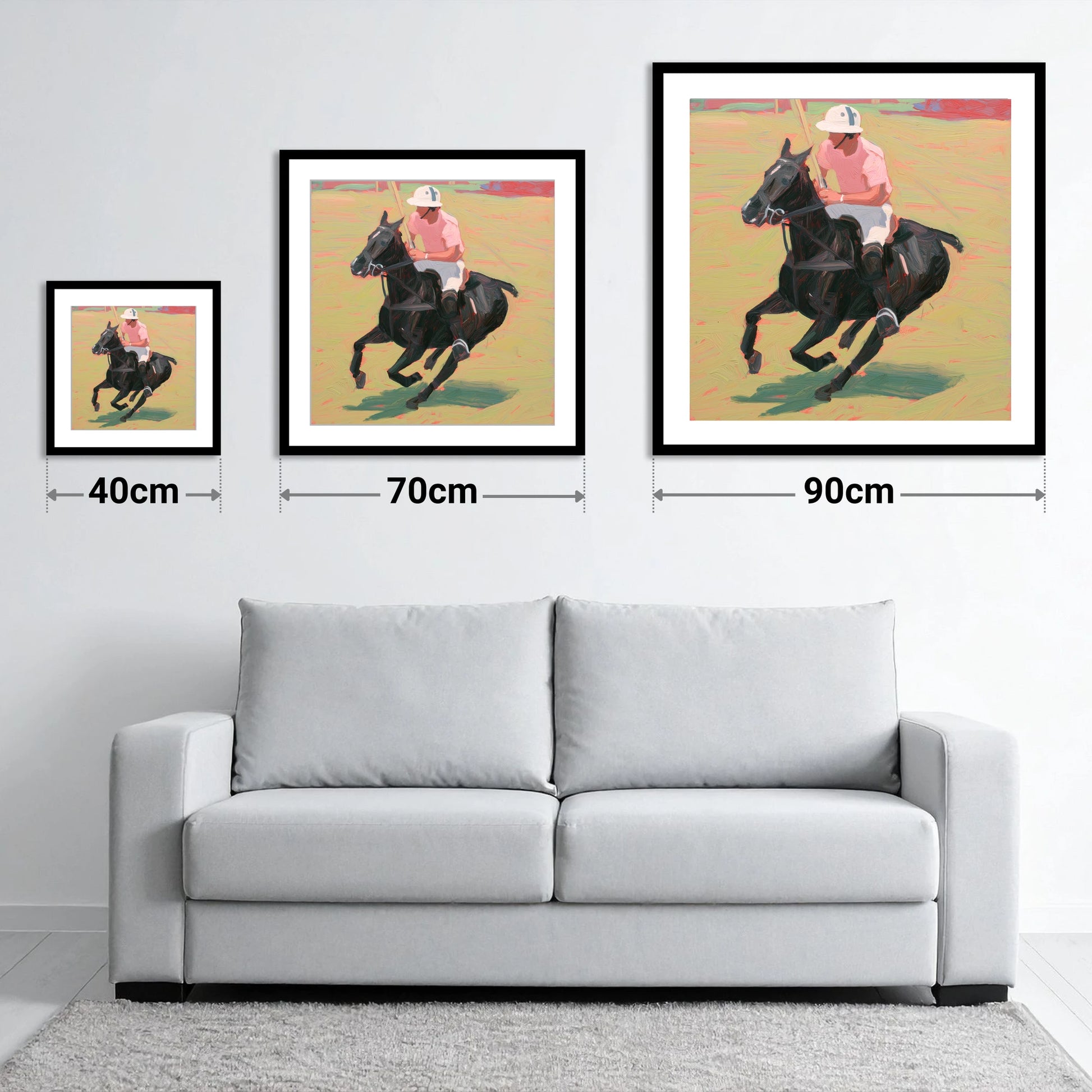 The Pink Chukka - size guide showing 40cm, 70cm and 90cm art prints