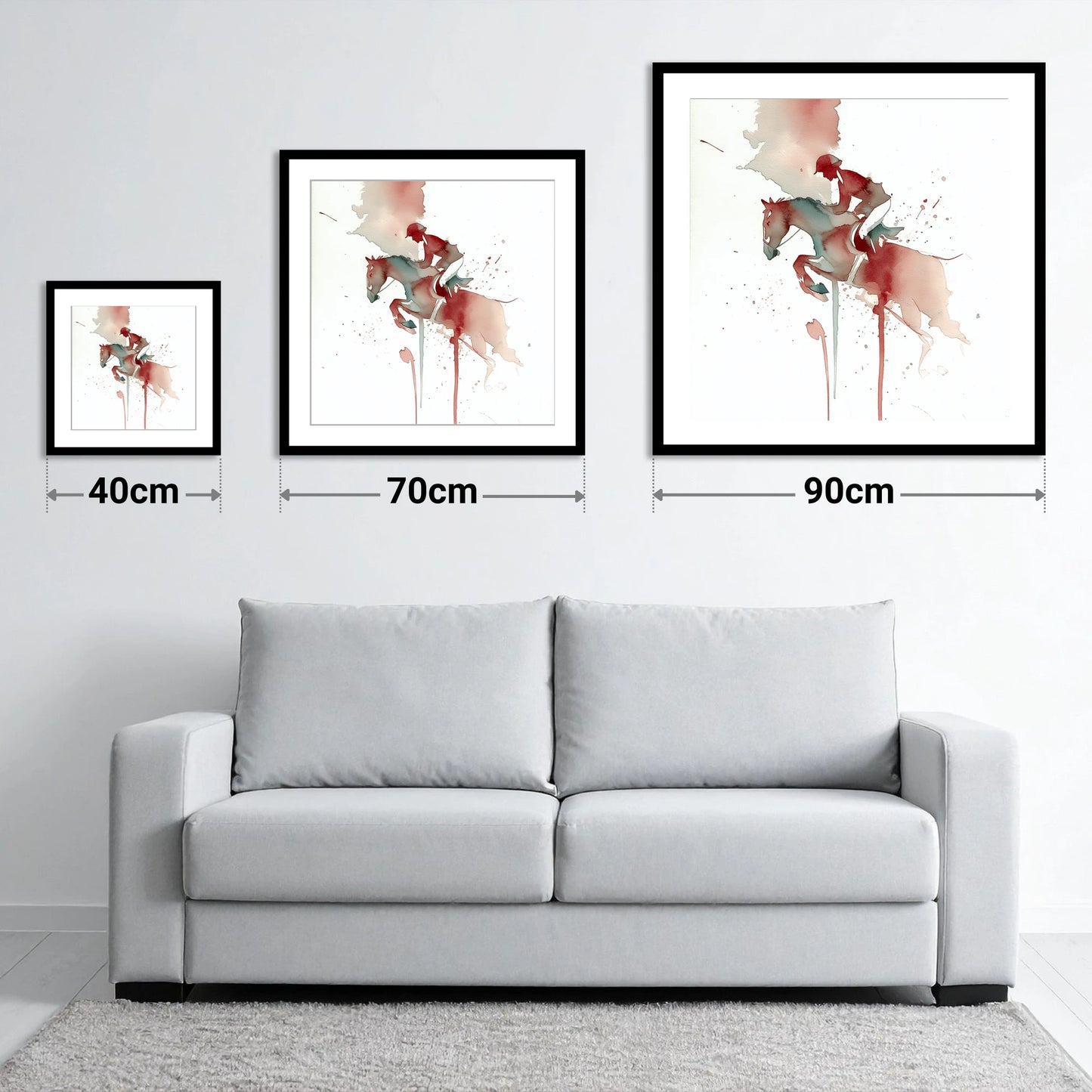 Crimson Flight - size guide showing 40cm, 70cm and 90cm art prints