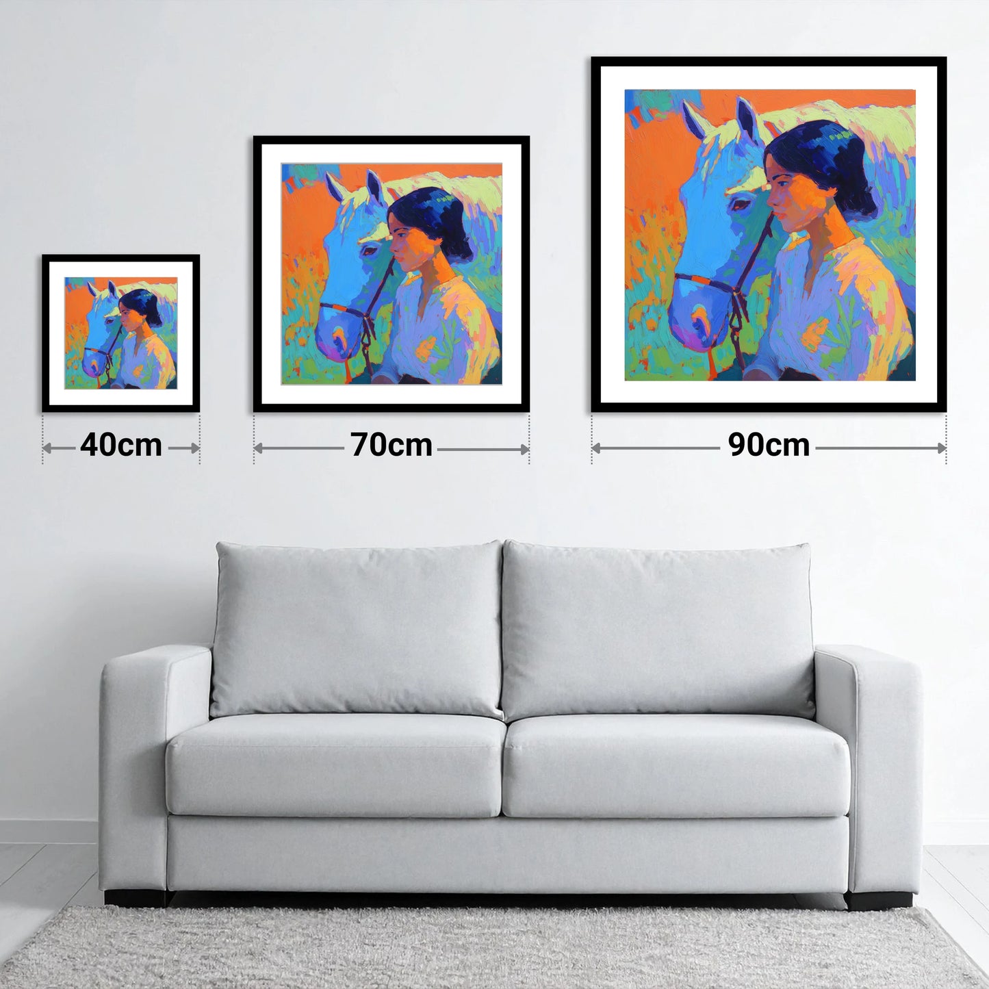 Vibrant Connection - size guide showing 40cm, 70cm and 90cm art prints