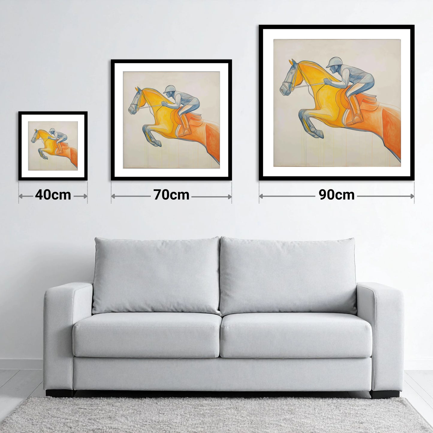 The Amber Arc - size guide showing 40cm, 70cm and 90cm art prints