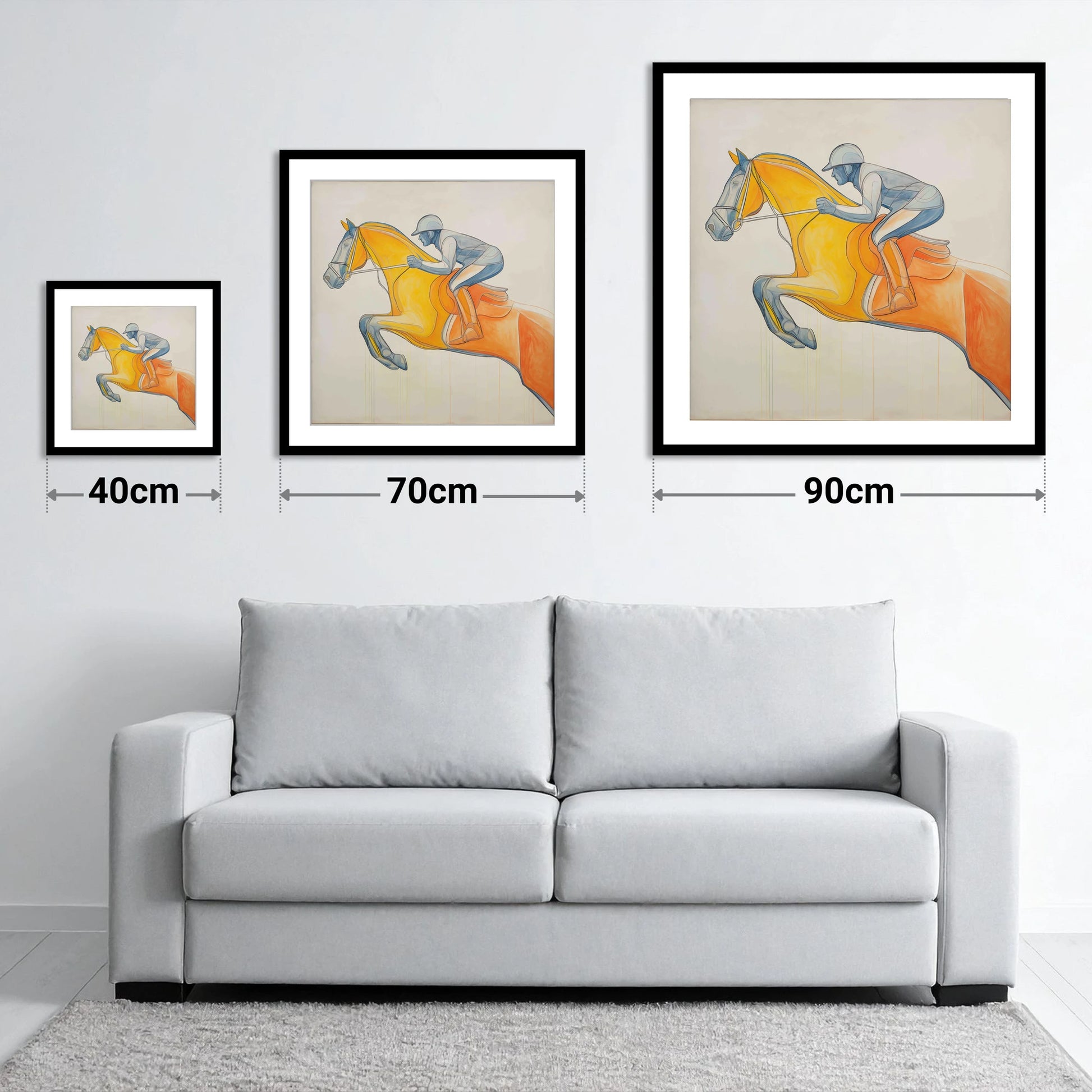 The Amber Arc - size guide showing 40cm, 70cm and 90cm art prints