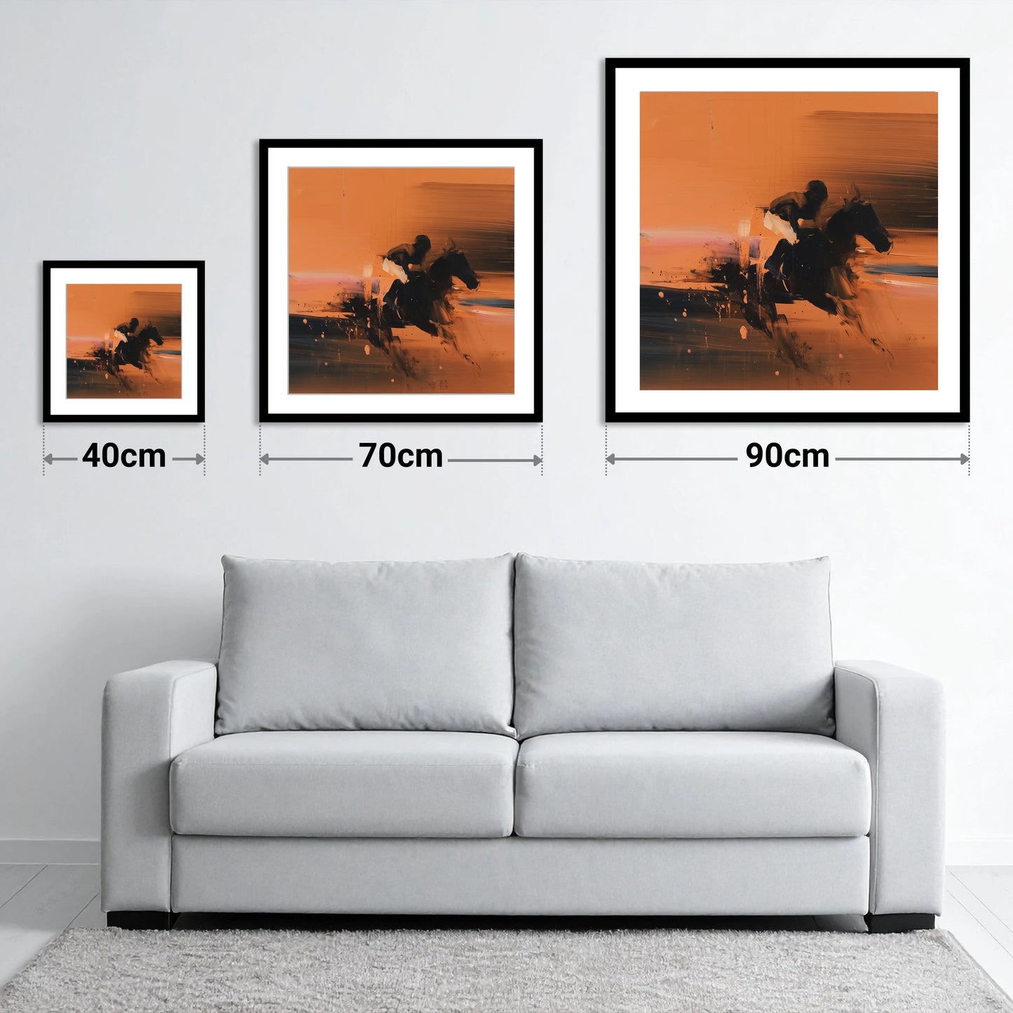 Through the Amber Dust - size guide showing 40cm, 70cm and 90cm art prints