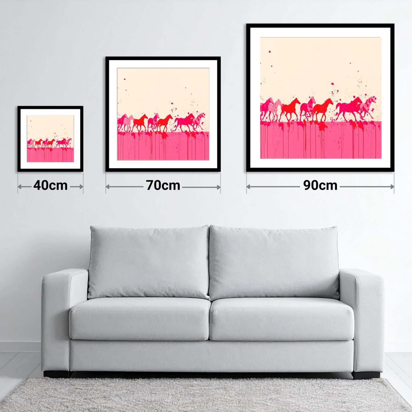 Magenta Motion - size guide showing 40cm, 70cm and 90cm art prints