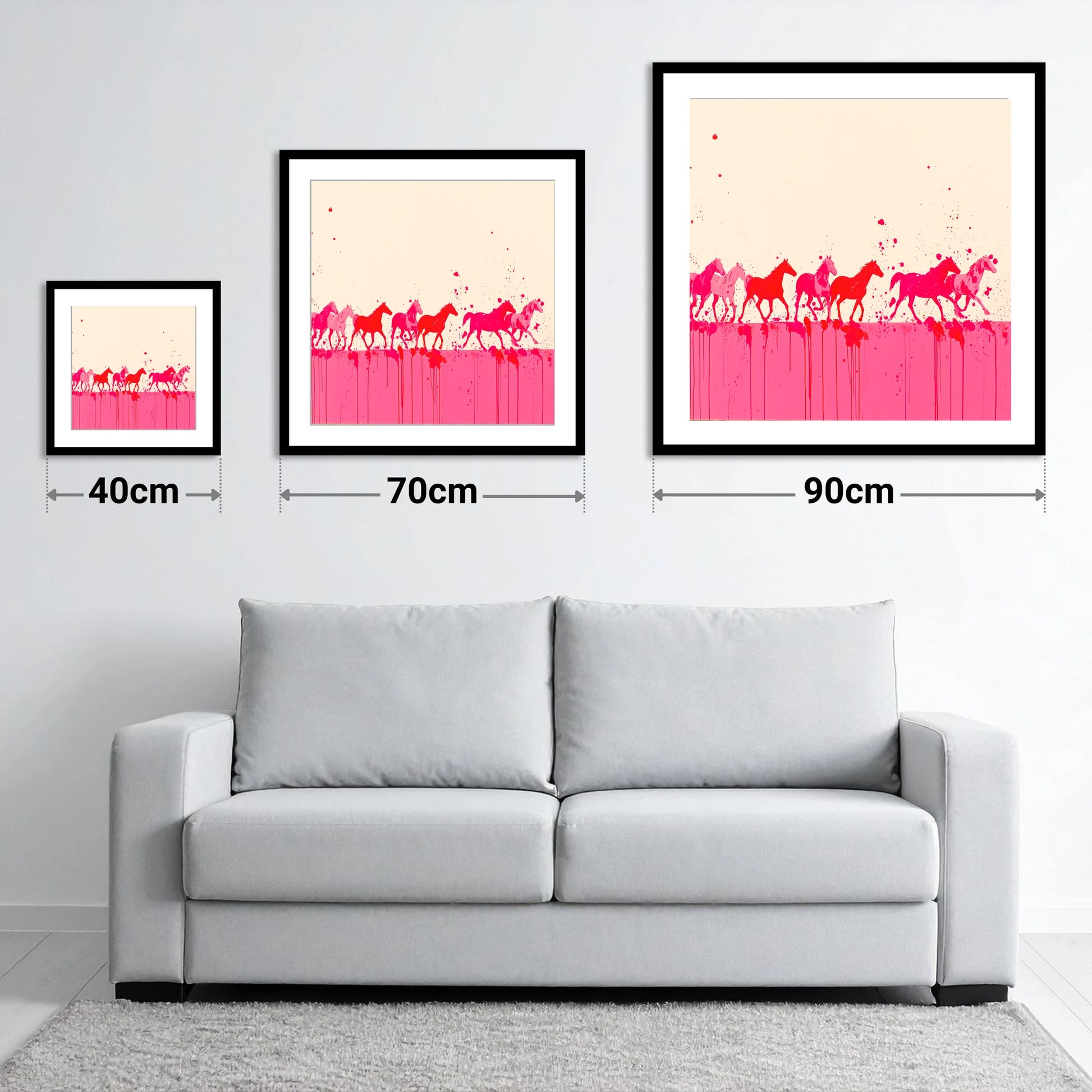 Magenta Motion - size guide showing 40cm, 70cm and 90cm art prints