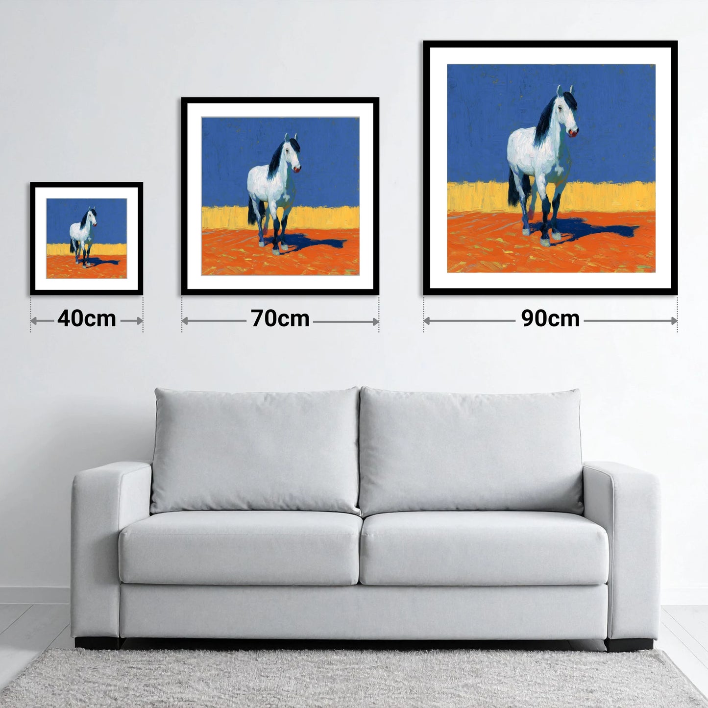 Vivid Horizon Grey - size guide showing 40cm, 70cm and 90cm art prints