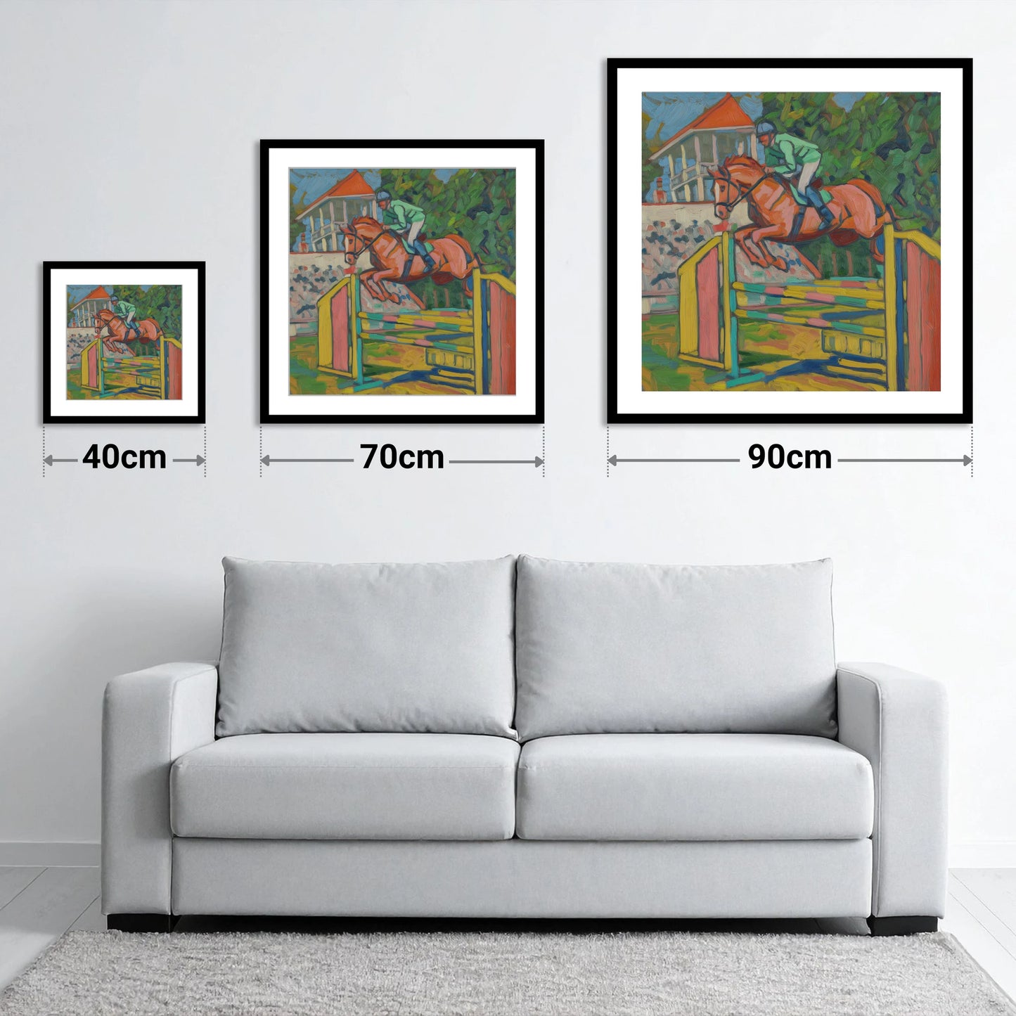 Clearing the Colours - size guide showing 40cm, 70cm and 90cm art prints