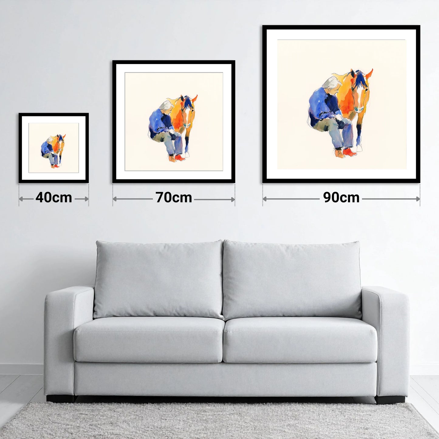 Shared Silence - size guide showing 40cm, 70cm and 90cm art prints