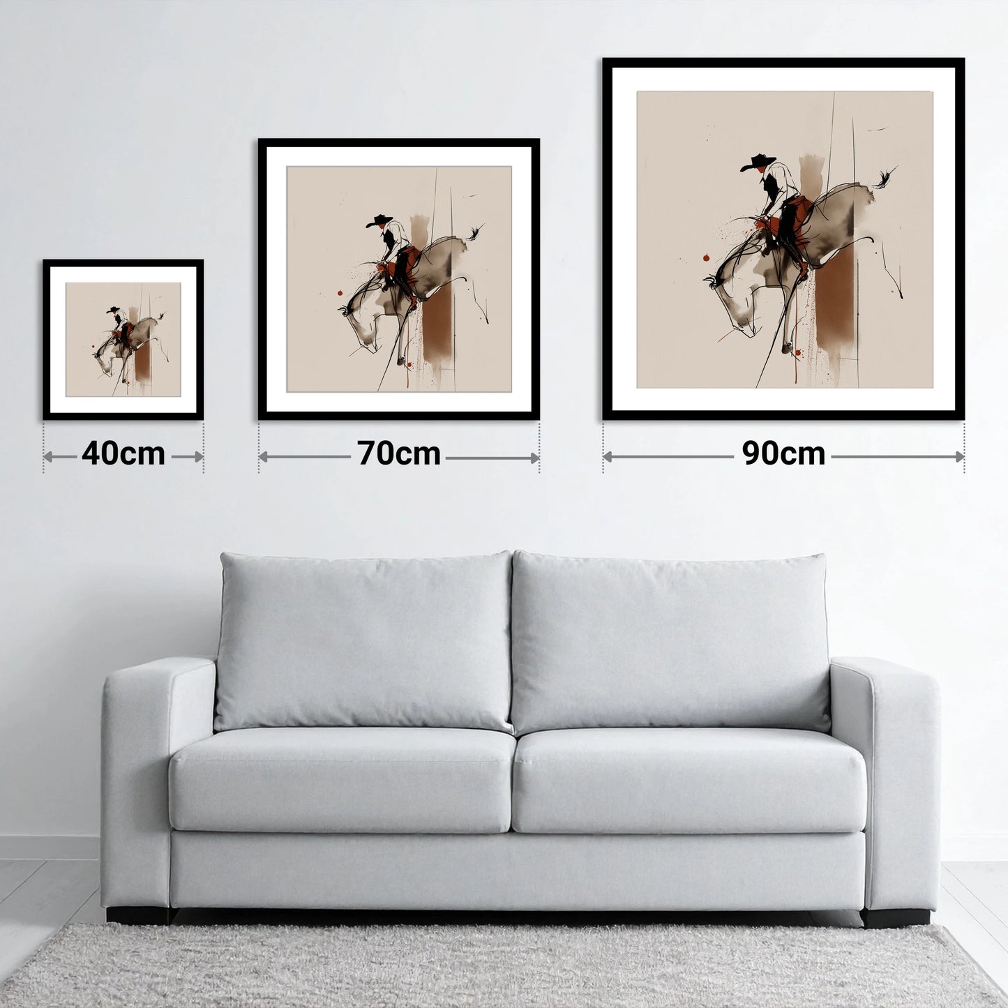Raw Western Energy - size guide showing 40cm, 70cm and 90cm art prints