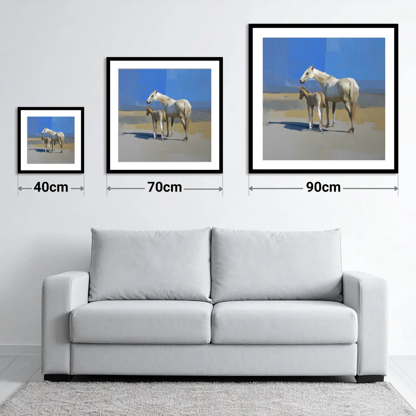 Under the Azure Sky - size guide showing 40cm, 70cm and 90cm art prints