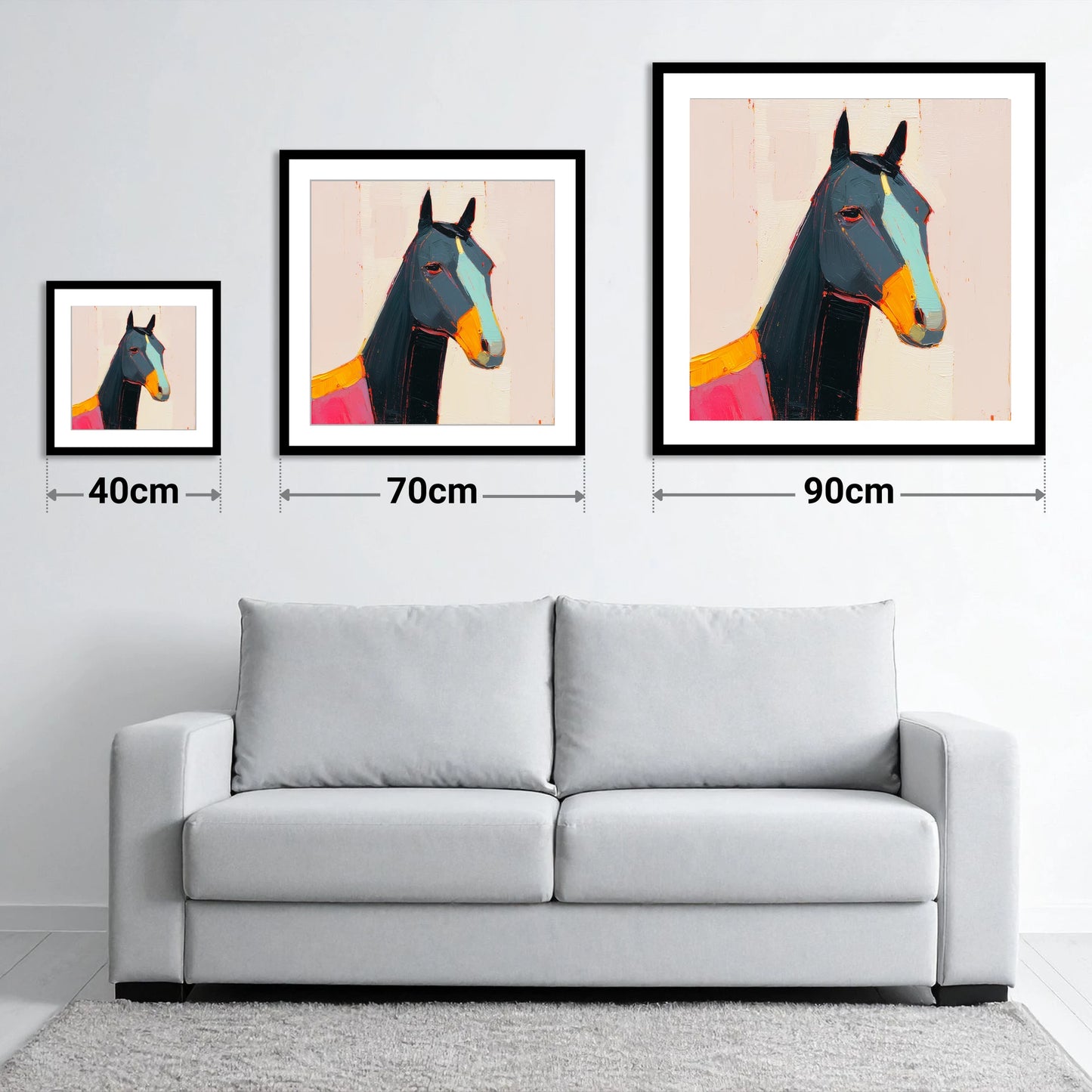 Modern Equine Spirit - size guide showing 40cm, 70cm and 90cm art prints