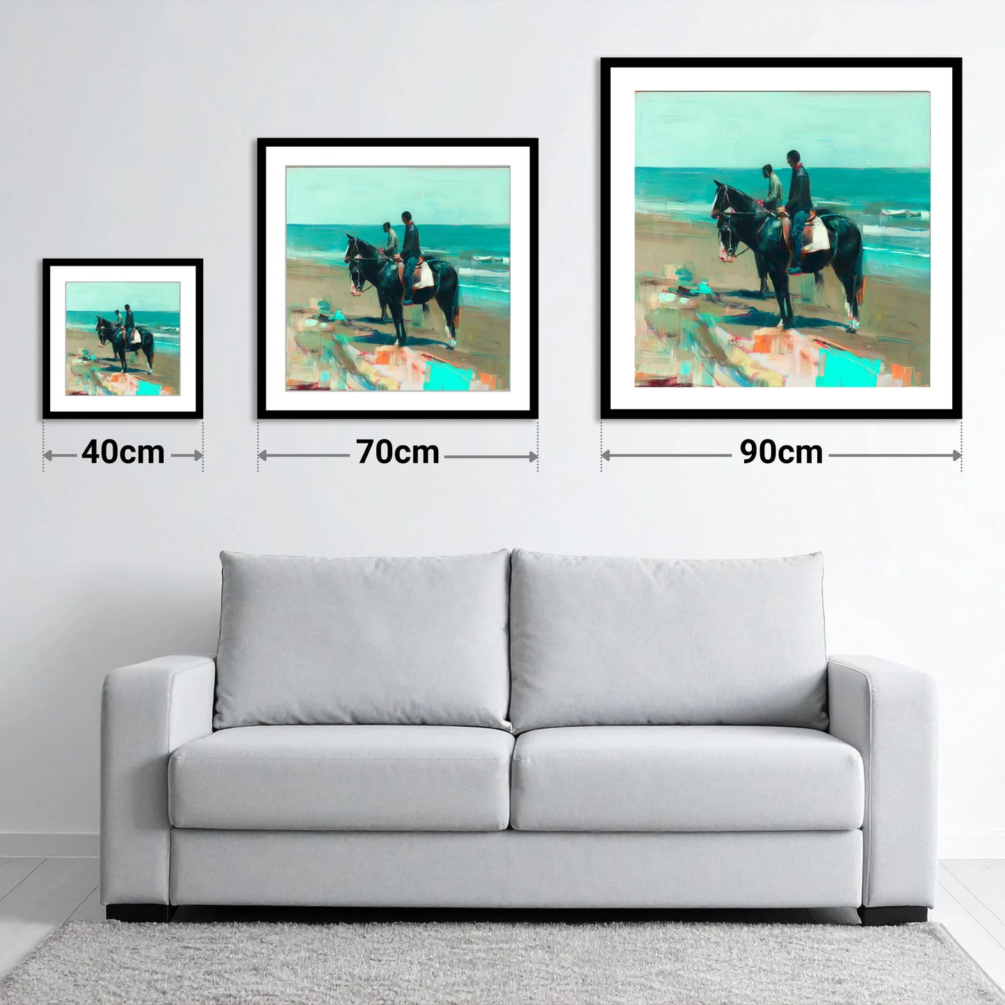 The Shoreline Hack - size guide showing 40cm, 70cm and 90cm art prints