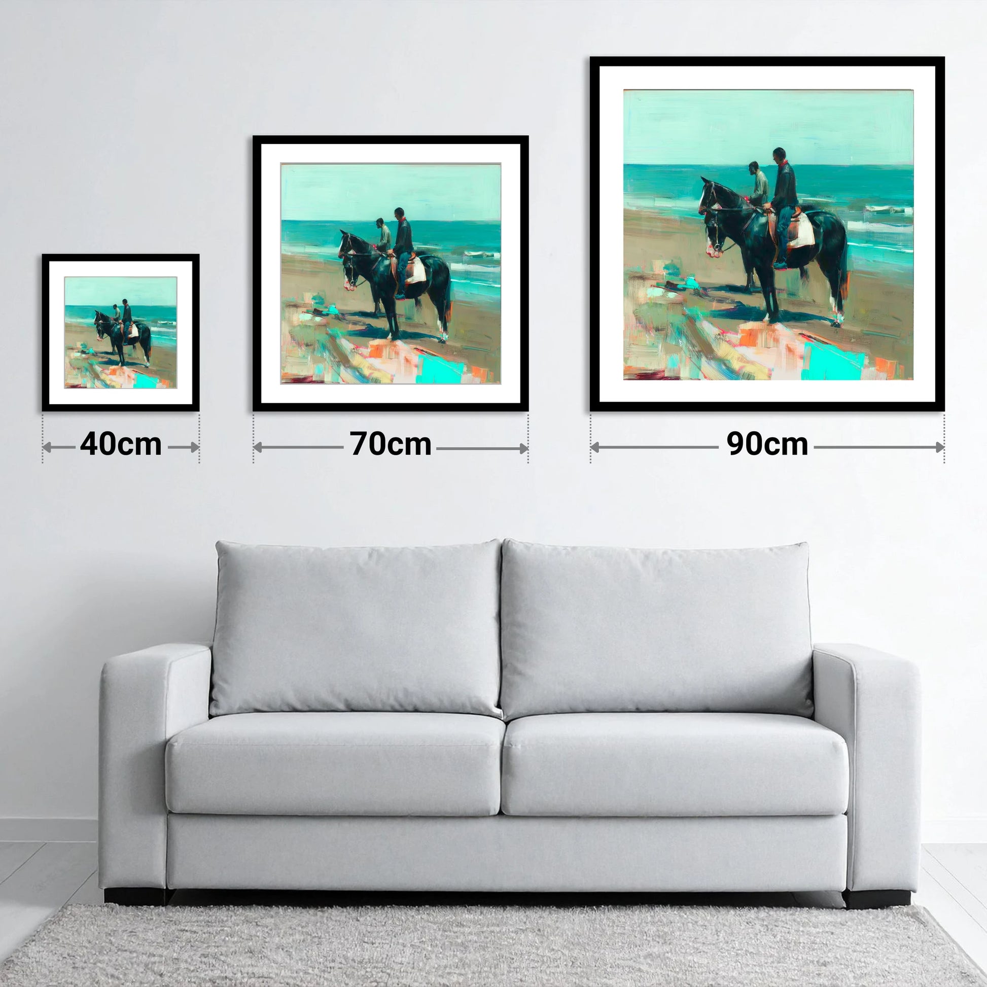 The Shoreline Hack - size guide showing 40cm, 70cm and 90cm art prints