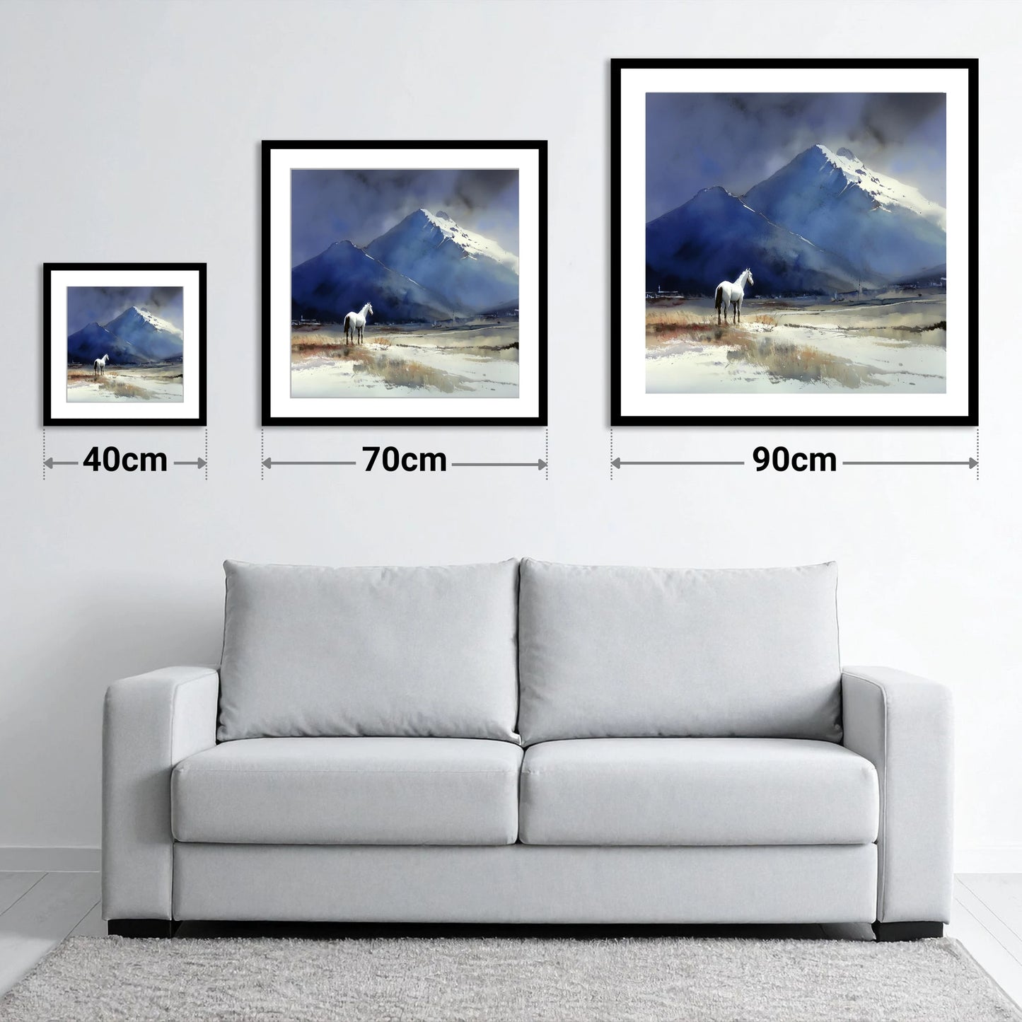 Winter Alpine Solitude - size guide showing 40cm, 70cm and 90cm art prints