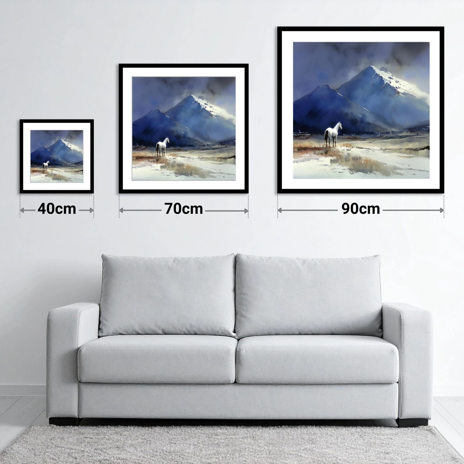 Winter Alpine Solitude - size guide showing 40cm, 70cm and 90cm art prints