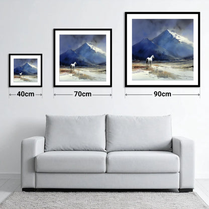 Winter Alpine Solitude - size guide showing 40cm, 70cm and 90cm art prints