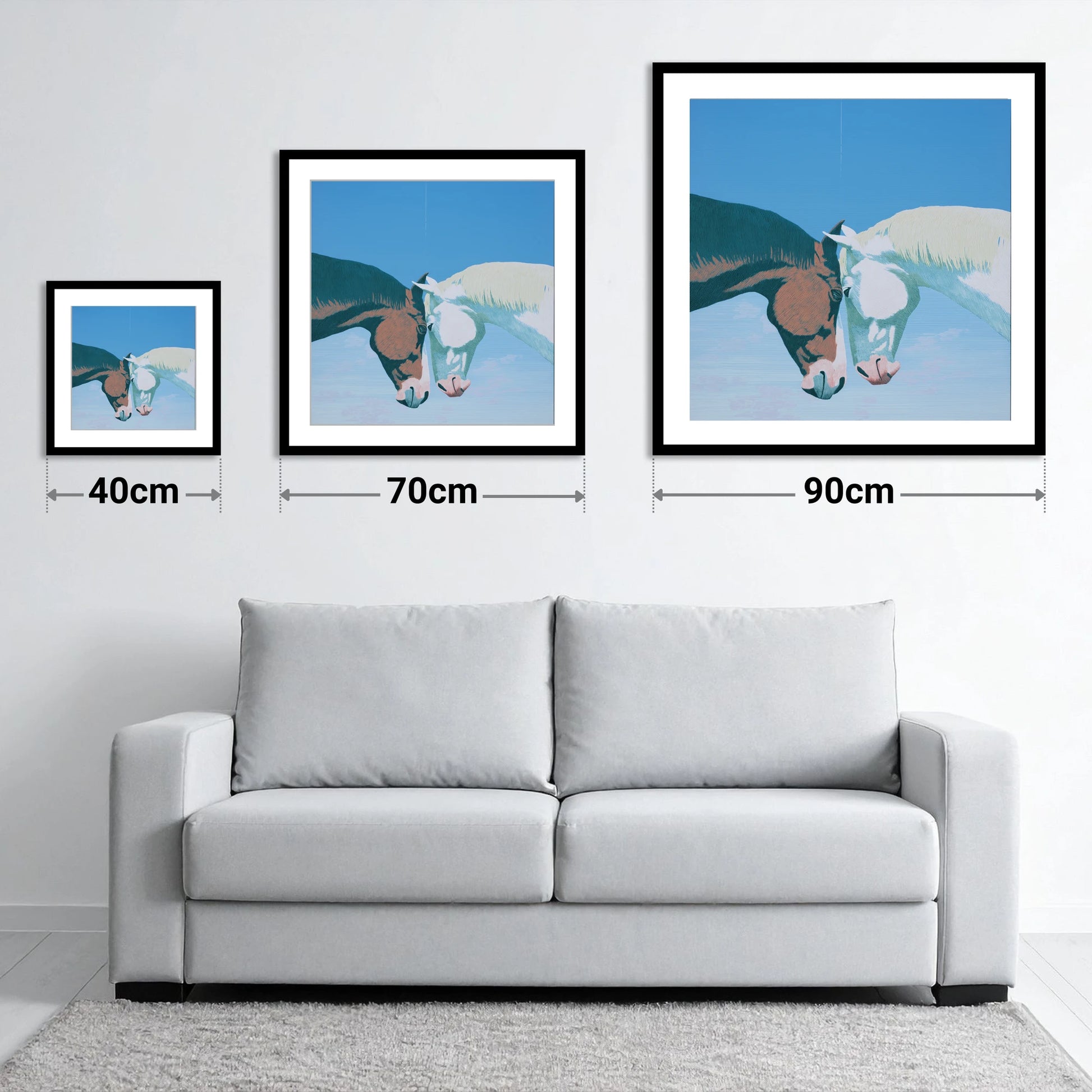 Quiet Companionship - size guide showing 40cm, 70cm and 90cm art prints