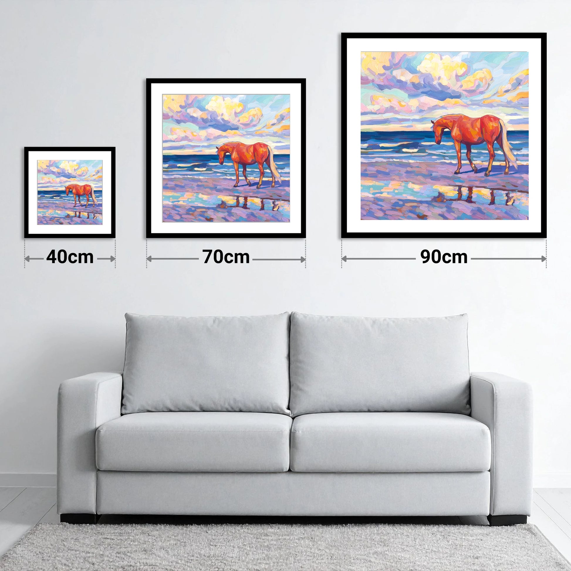 Vivid Coastal Solitude - size guide showing 40cm, 70cm and 90cm art prints