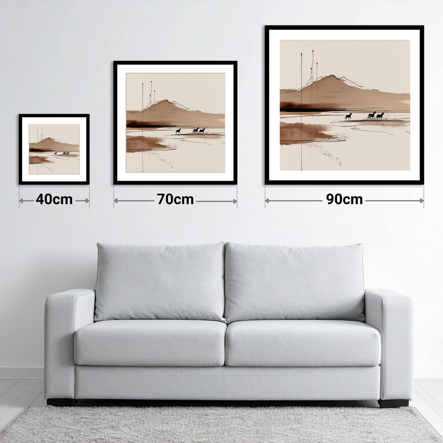 Sepia Equine Horizon - size guide showing 40cm, 70cm and 90cm art prints