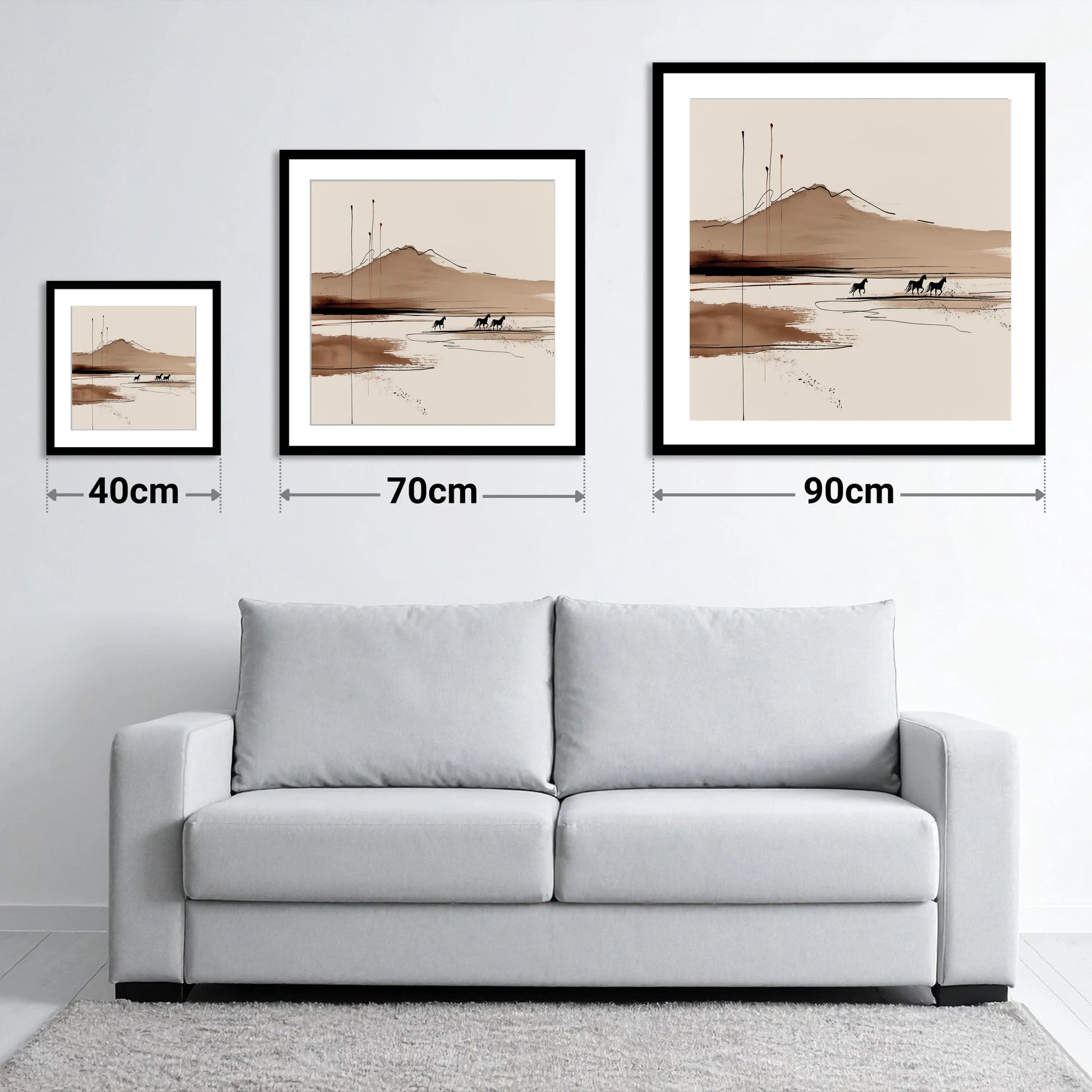 Sepia Equine Horizon - size guide showing 40cm, 70cm and 90cm art prints
