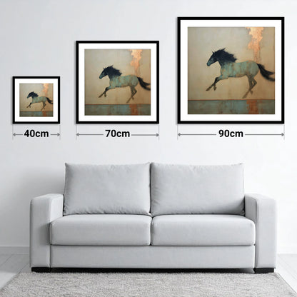 Gilded Equine Spirit - size guide showing 40cm, 70cm and 90cm art prints