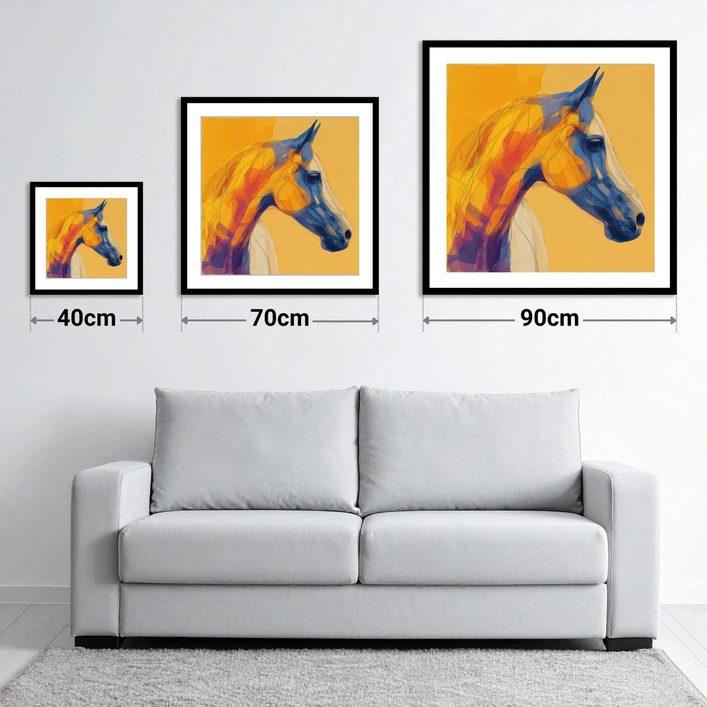 Cobalt and Amber Profile - size guide showing 40cm, 70cm and 90cm art prints