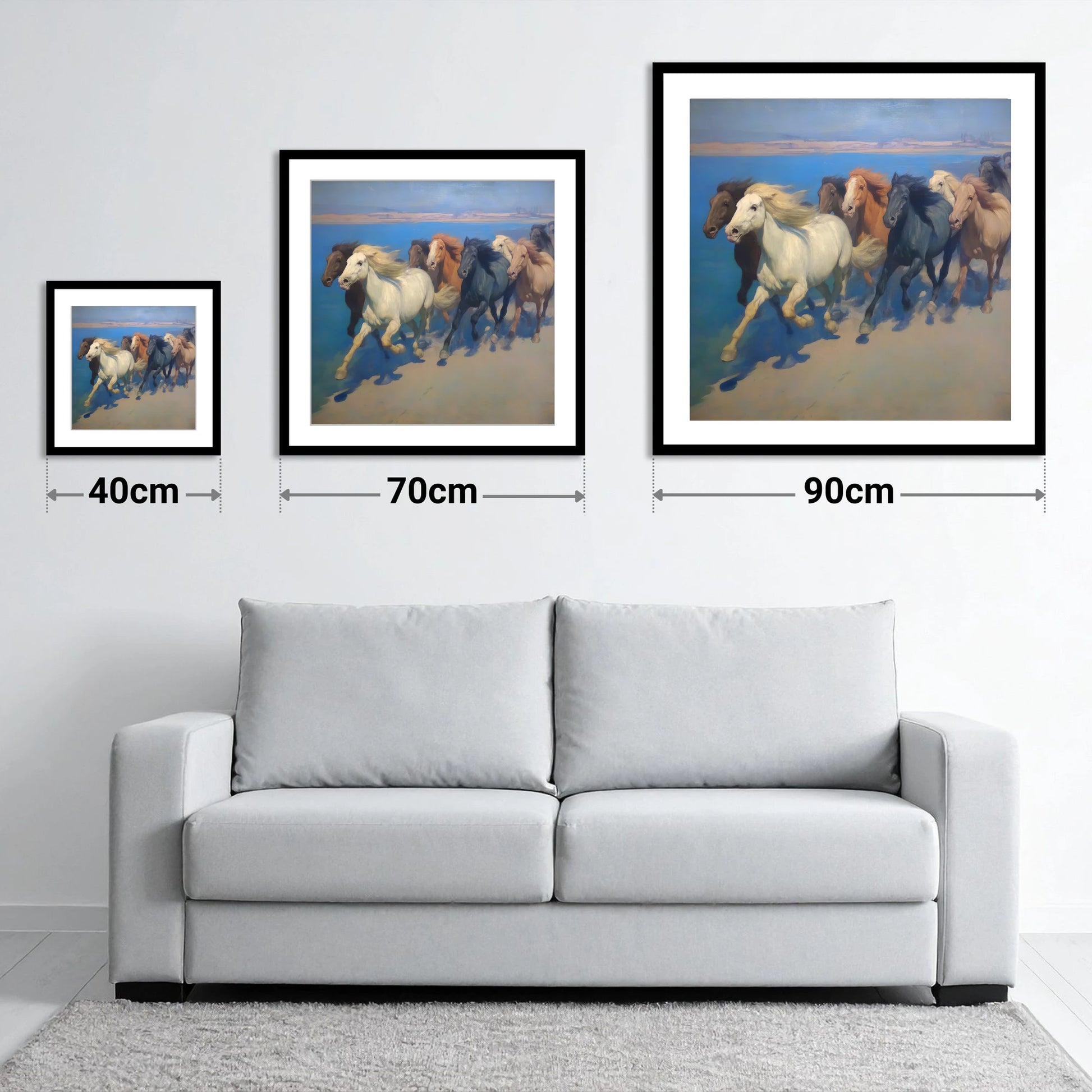 Azure Coastal Gallop - size guide showing 40cm, 70cm and 90cm art prints