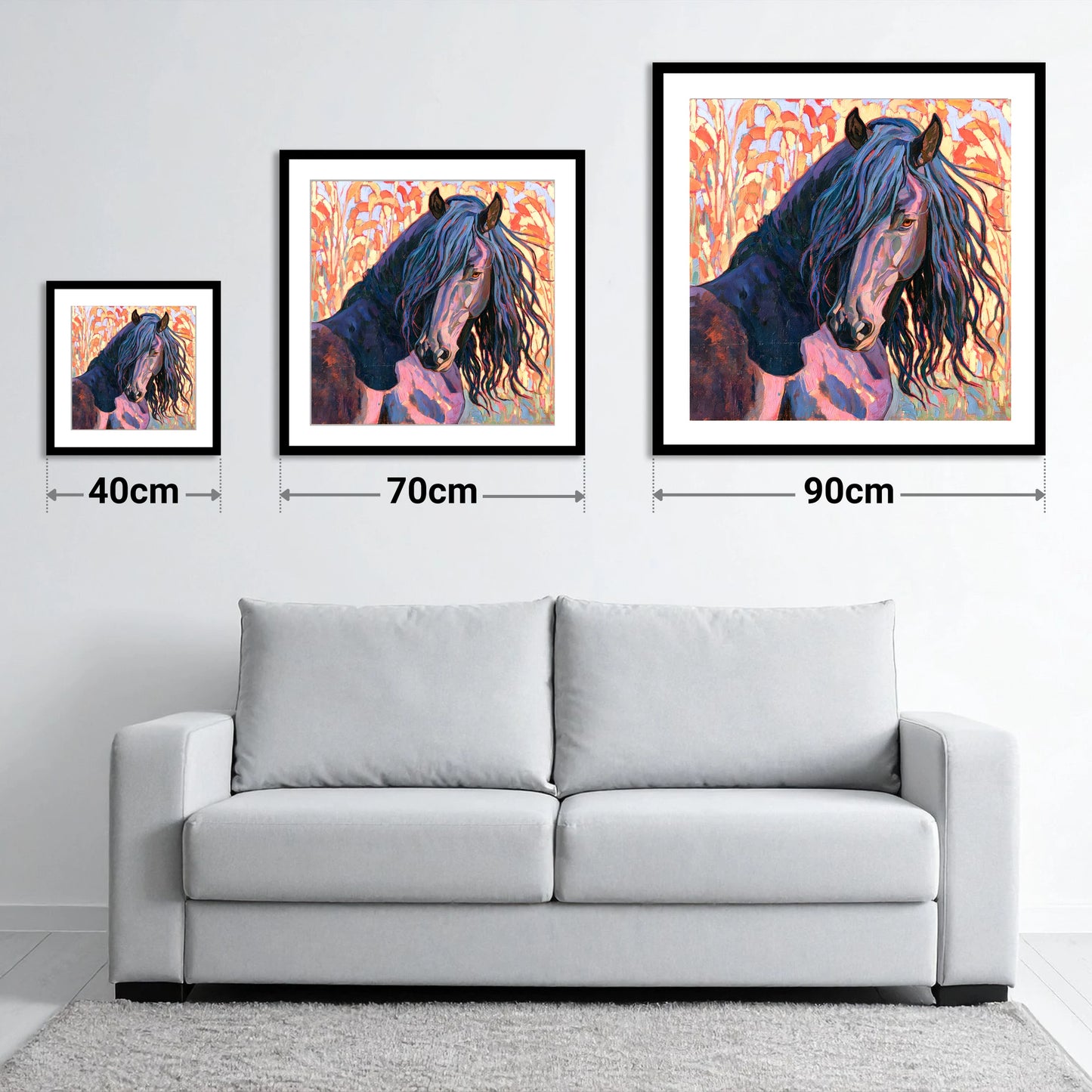 Colourful Friesian Horse Portrait - size guide showing 40cm, 70cm and 90cm art prints