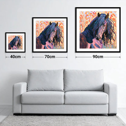 Colourful Friesian Horse Portrait - size guide showing 40cm, 70cm and 90cm art prints