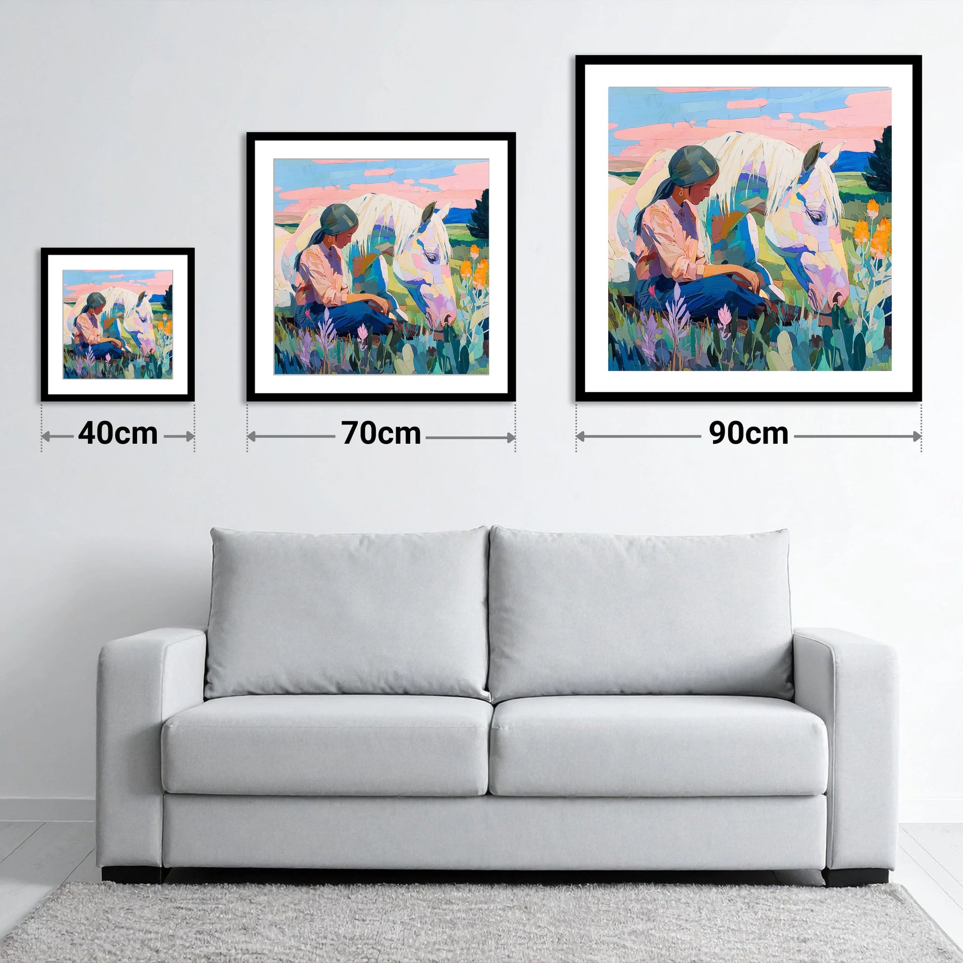Quiet Summer Connection - size guide showing 40cm, 70cm and 90cm art prints