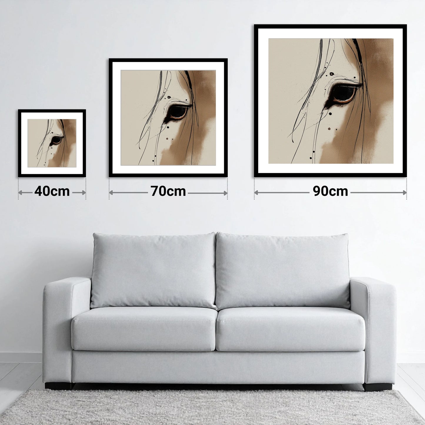 Raw Equine Gaze - size guide showing 40cm, 70cm and 90cm art prints