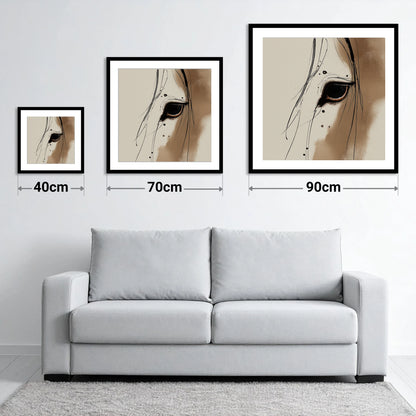 Raw Equine Gaze - size guide showing 40cm, 70cm and 90cm art prints