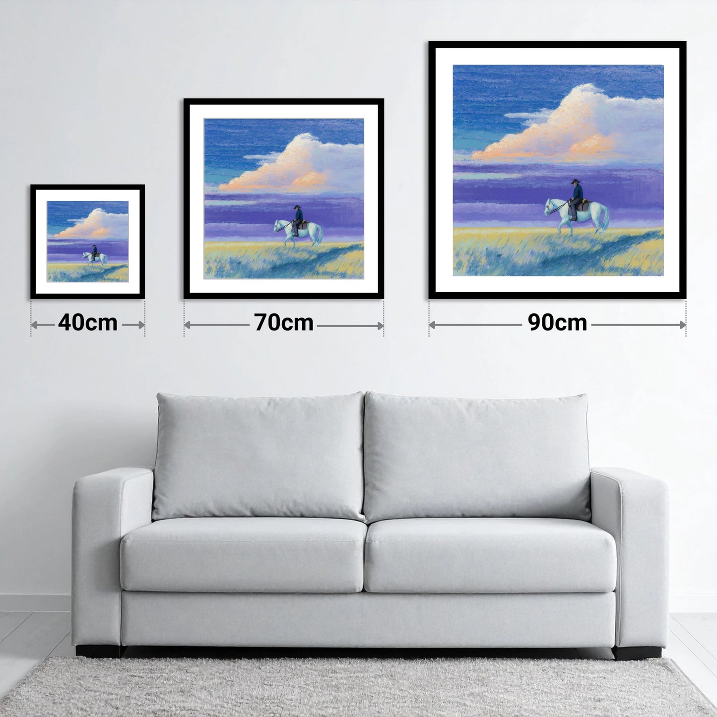 Beneath a Lilac Sky - size guide showing 40cm, 70cm and 90cm art prints