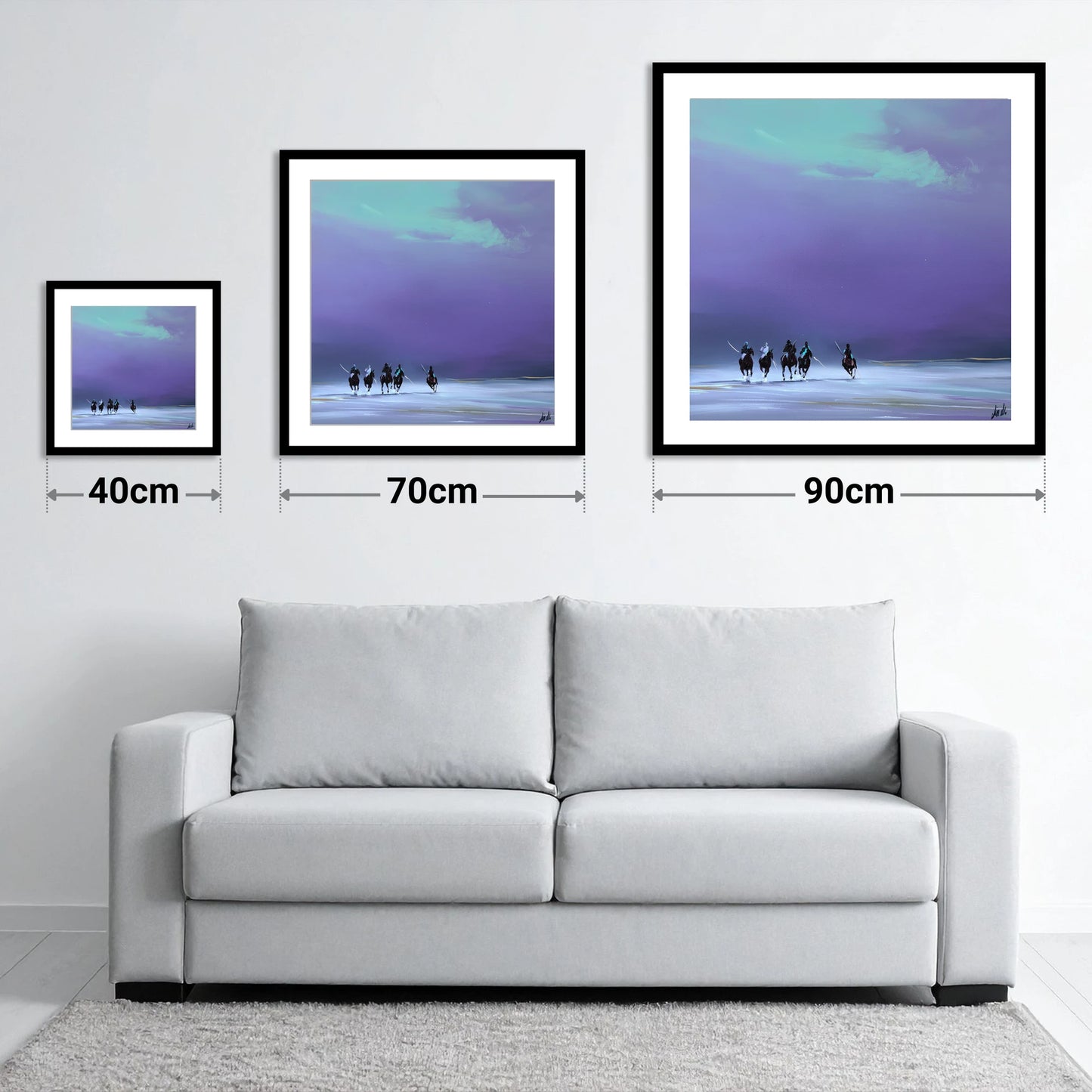 The Final Chukka - size guide showing 40cm, 70cm and 90cm art prints