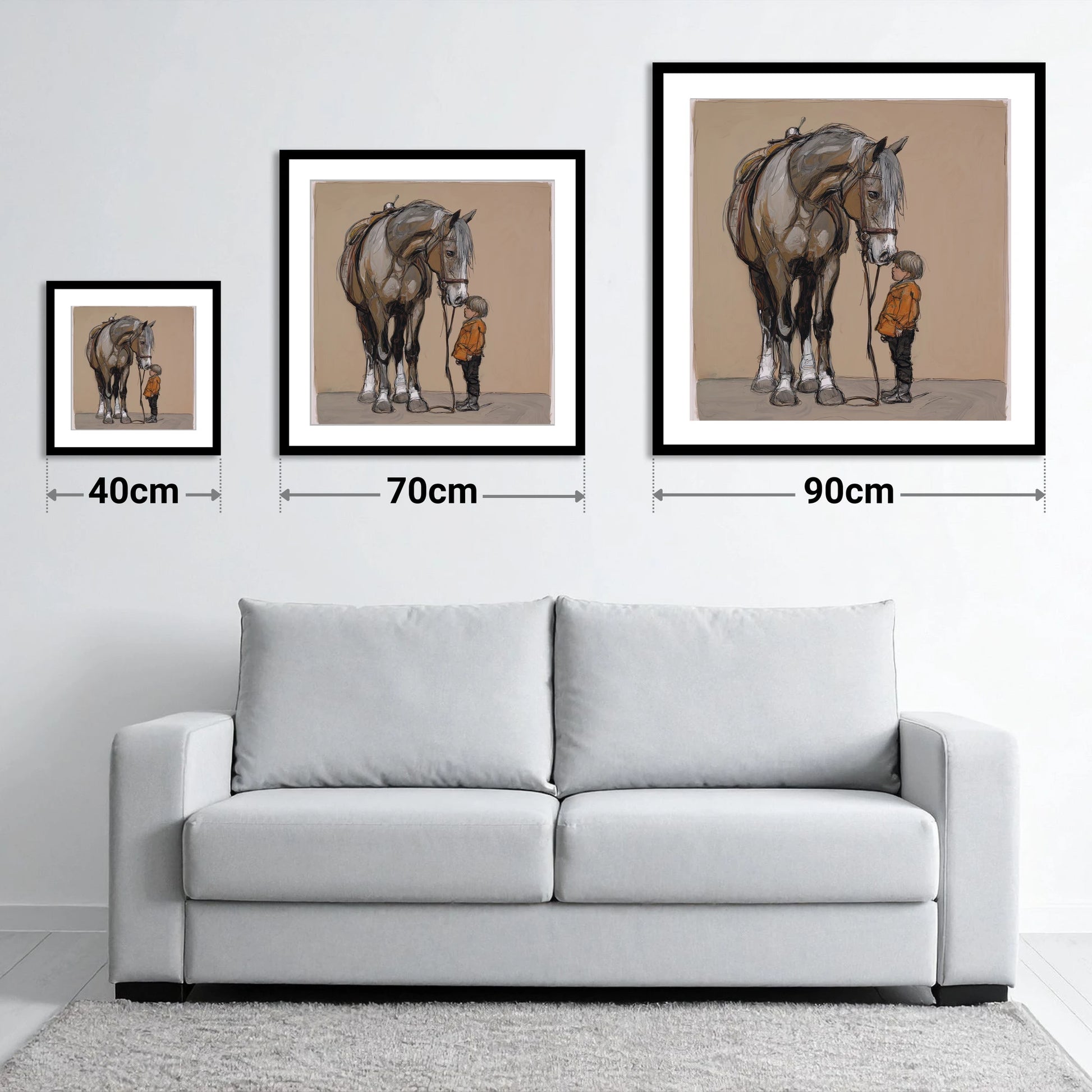 The Gentle Giant - size guide showing 40cm, 70cm and 90cm art prints